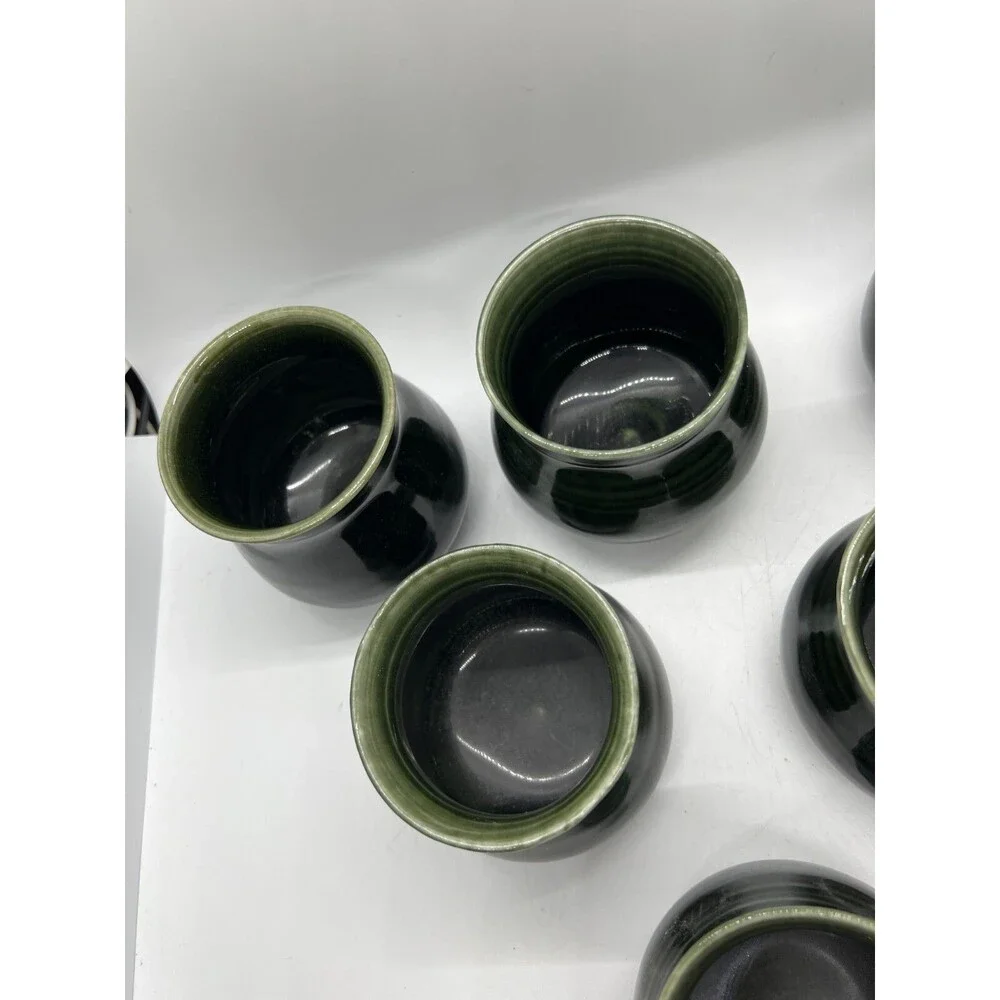 6 Art Pottery Glazed Stoneware Small Drinking Cups Set BB signed green whiskey
